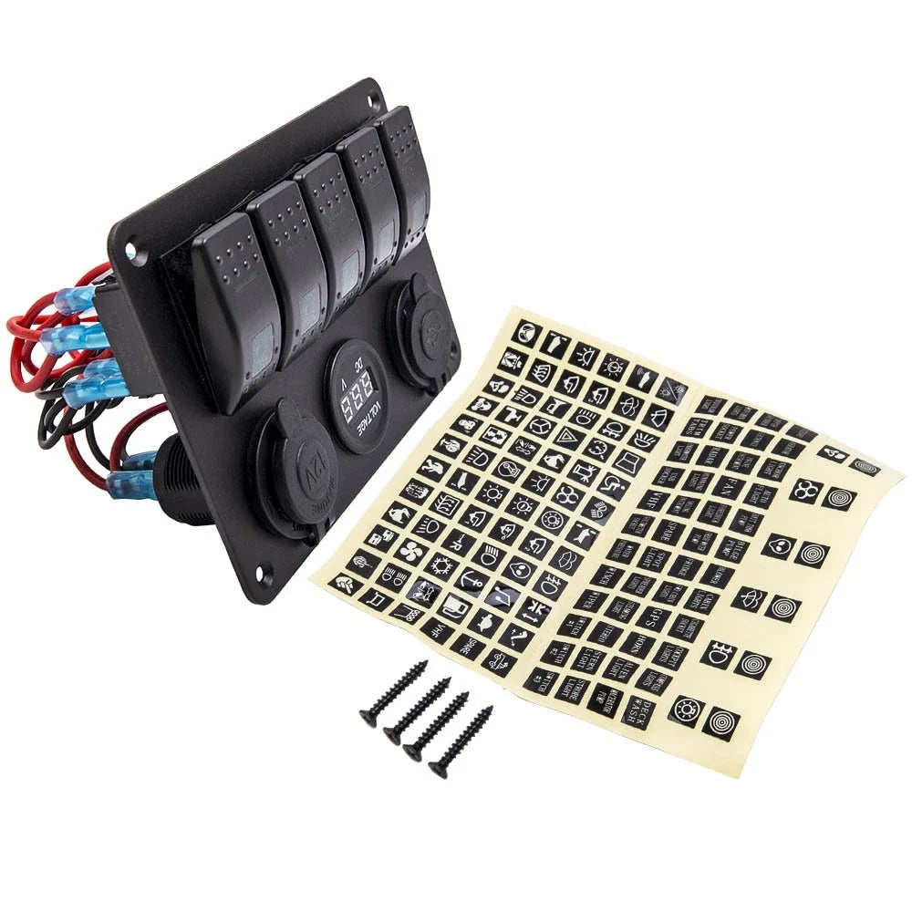 5 Gang LED Toggle Switch Panel with 2 USB Charger for Car Boat Marine