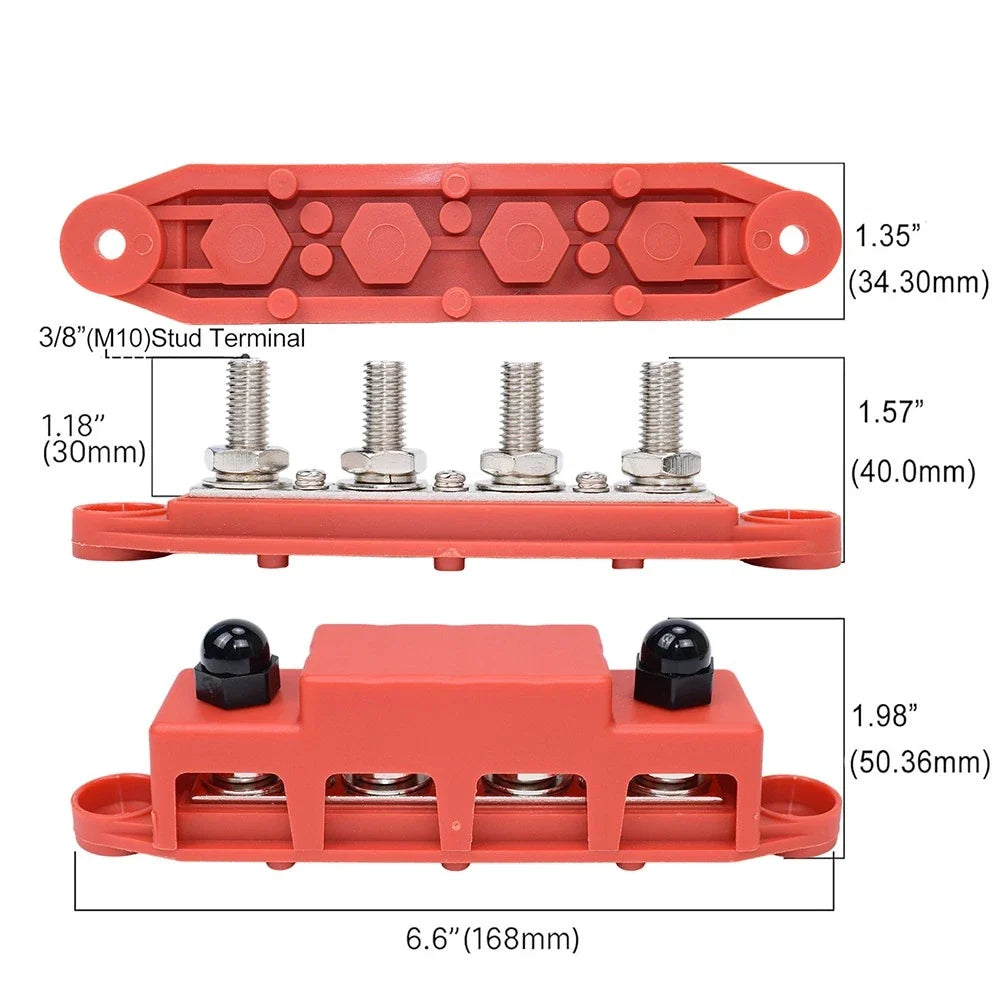 Power Distribution Terminal Block 3/8" 250A with 4 Studs - Red & Black