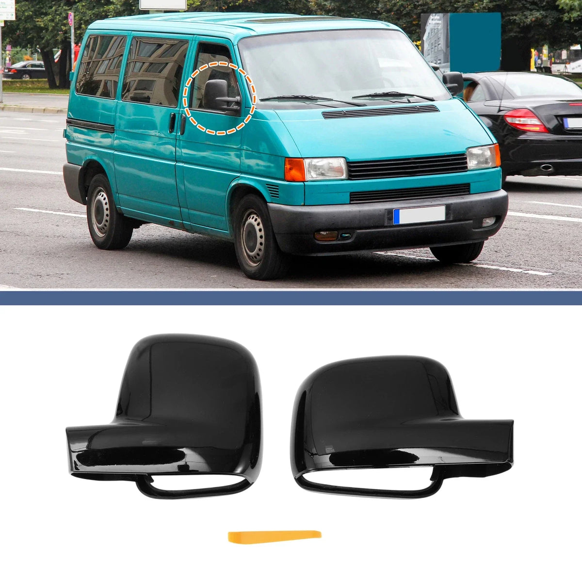 Mirror Cover Cap Set of 2 Gloss Black for Volkswagen Transporter 