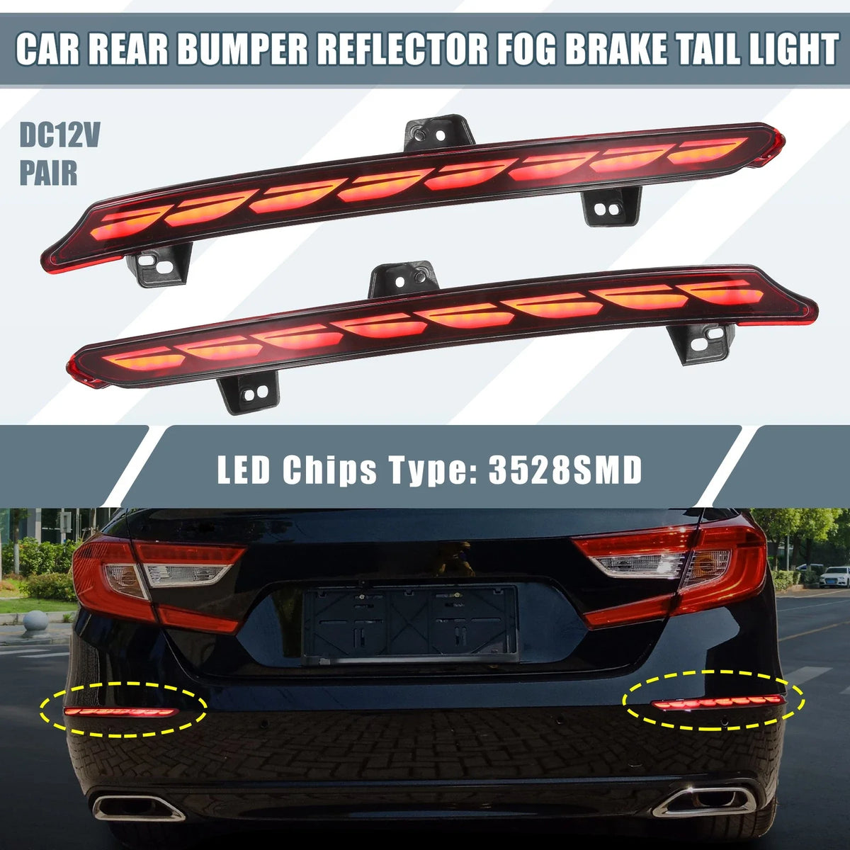 2X Rear Bumper Reflector LED Brake Turn Signal Light for Honda Accord (2018–2022)