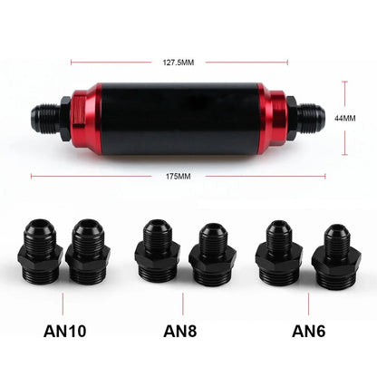 100 Micron Inline Fuel Filter with 6AN 8AN 10AN Adapter - High Flow