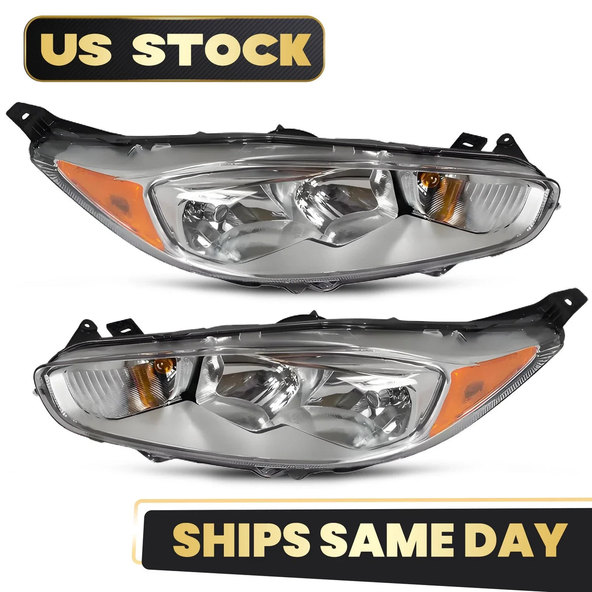 Set of 2 Halogen Headlights with Chrome Bezel for Ford Fiesta (2014–2018)