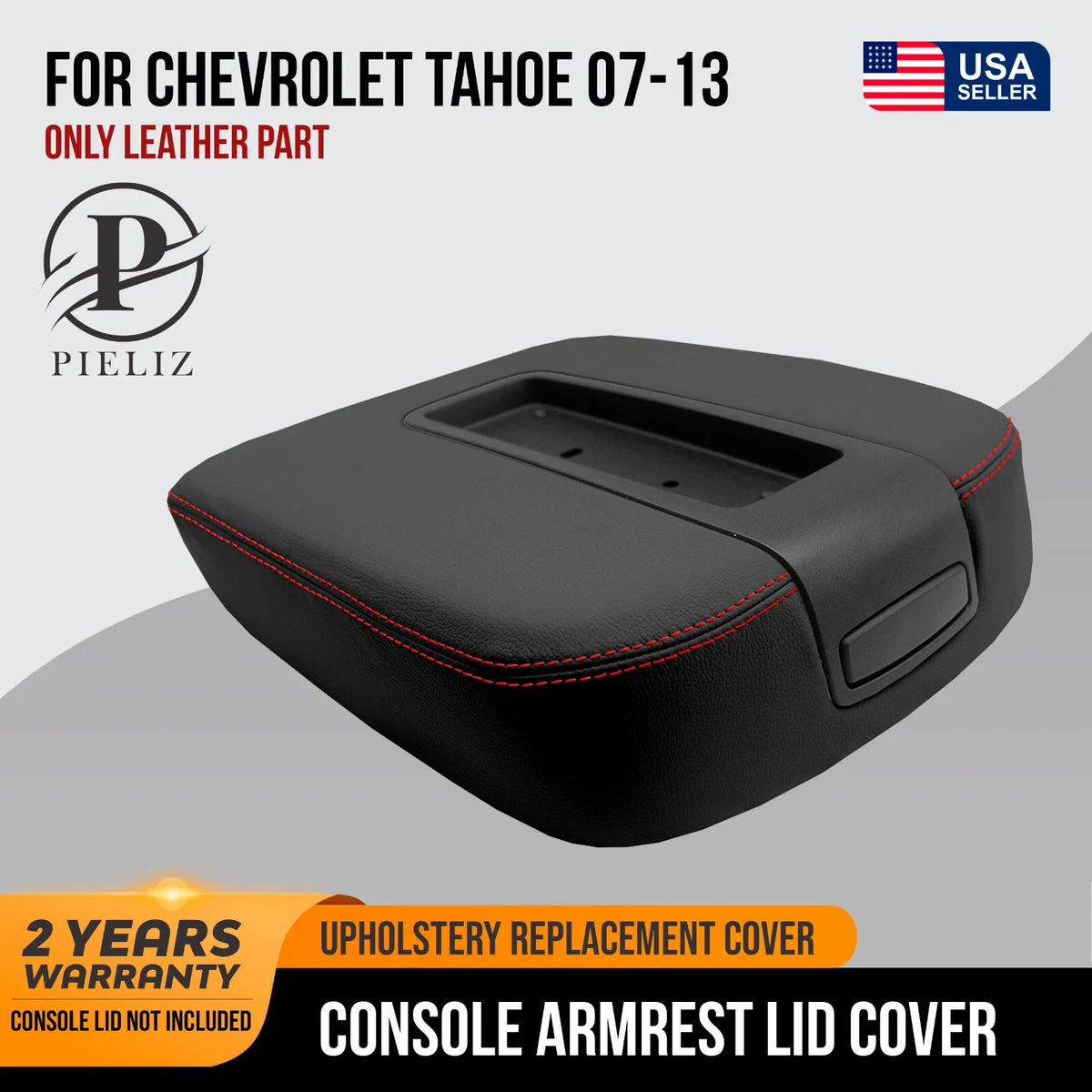Leather Console Lid Armrest Cover for Chevrolet Tahoe (2007–2013) Red Stitch