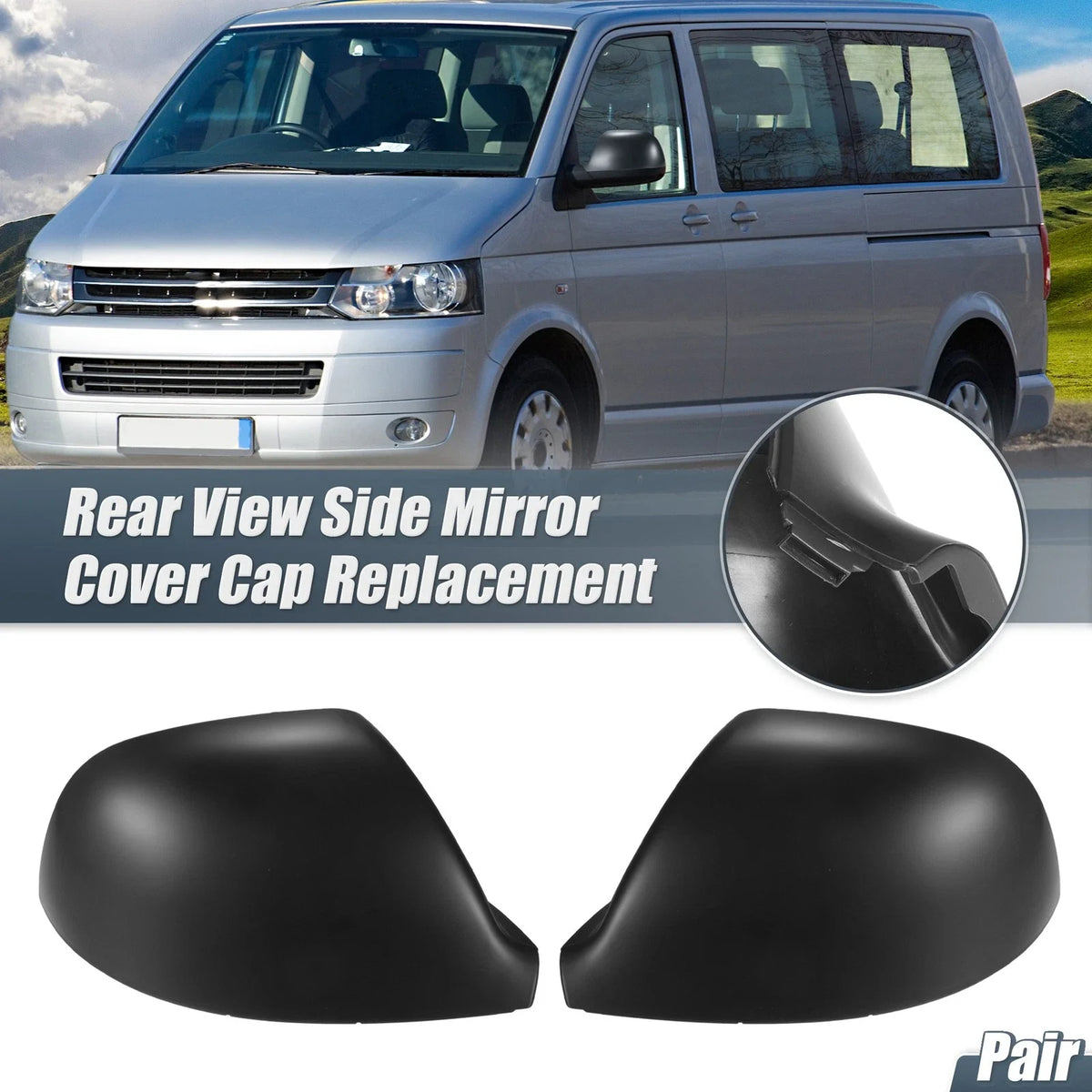 Pair Rearview Mirror Cover Cap Matte Black for Volkswagen Transporter T5 T6 (2003–2019)
