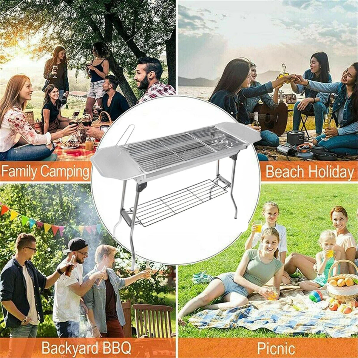Portable Folding BBQ Grill for Camping & Picnic - Stainless Steel (LAR)