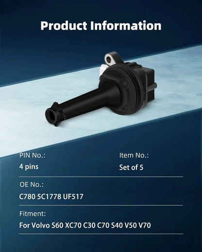 Ignition Coil Set UF517 - 5 Pack for Volvo S40 S60 V50 V70 C30 (2004-2016)
