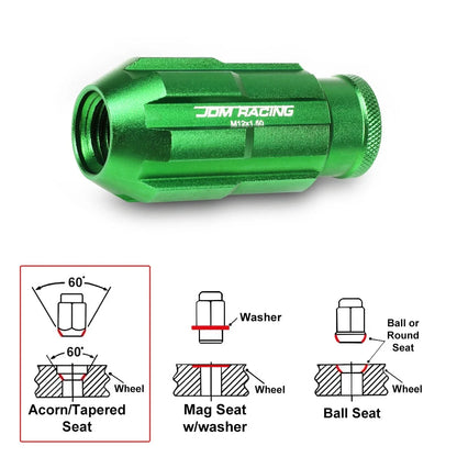 Open End Bulge Spline Lug Nuts 20Pc M12X1.5 Green + Lock Key