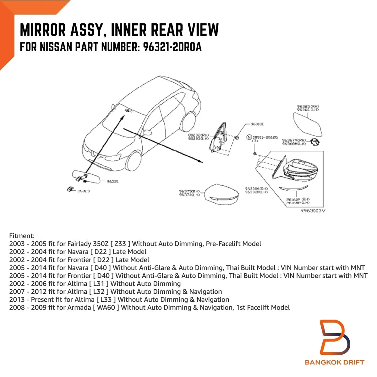 Interior Rear View Mirror in Black for Nissan Navara D40 2005-2015