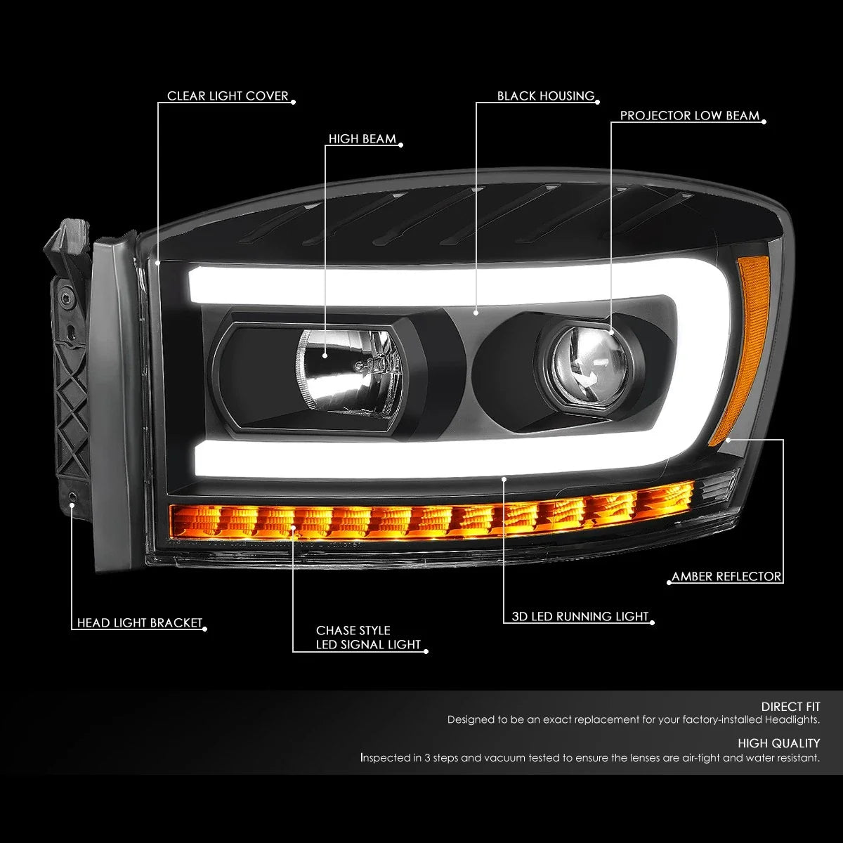 LED DRL Sequential Signal Projector Headlight Lamps for Ram 1500 (2006–2009)