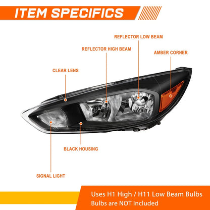 Headlight Assembly with Black Housing for Ford Focus 2015-2018