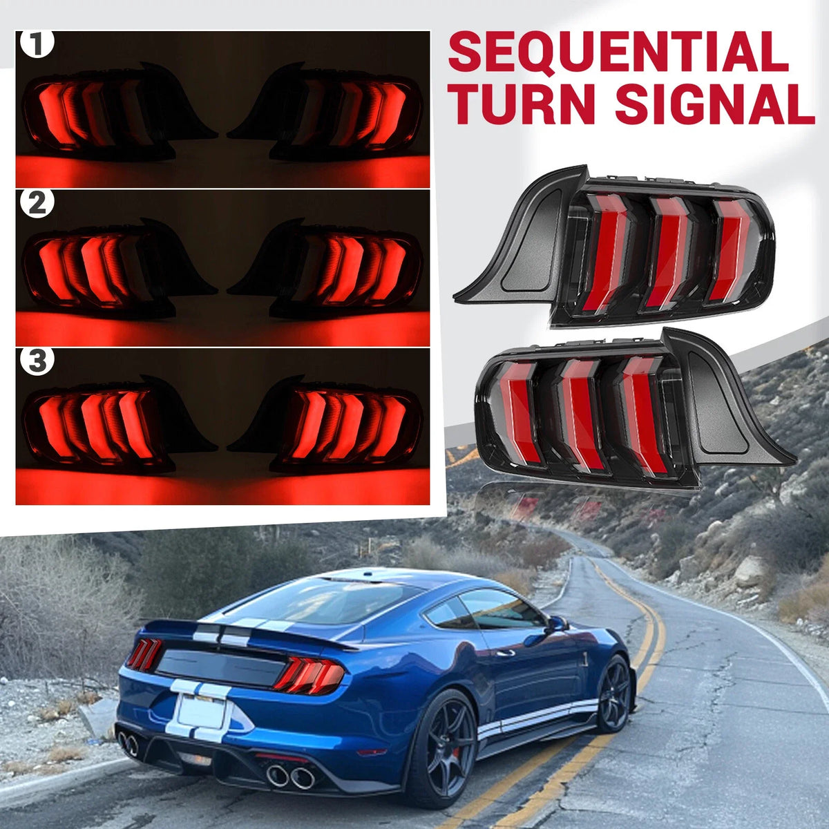 Red Lens LED Sequential Tail Lights for Mustang (2015-2023)