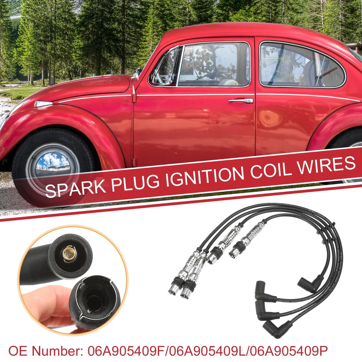 Set of 4 Spark Plug Wires for VW Beetle Golf Jetta (06A905409F)