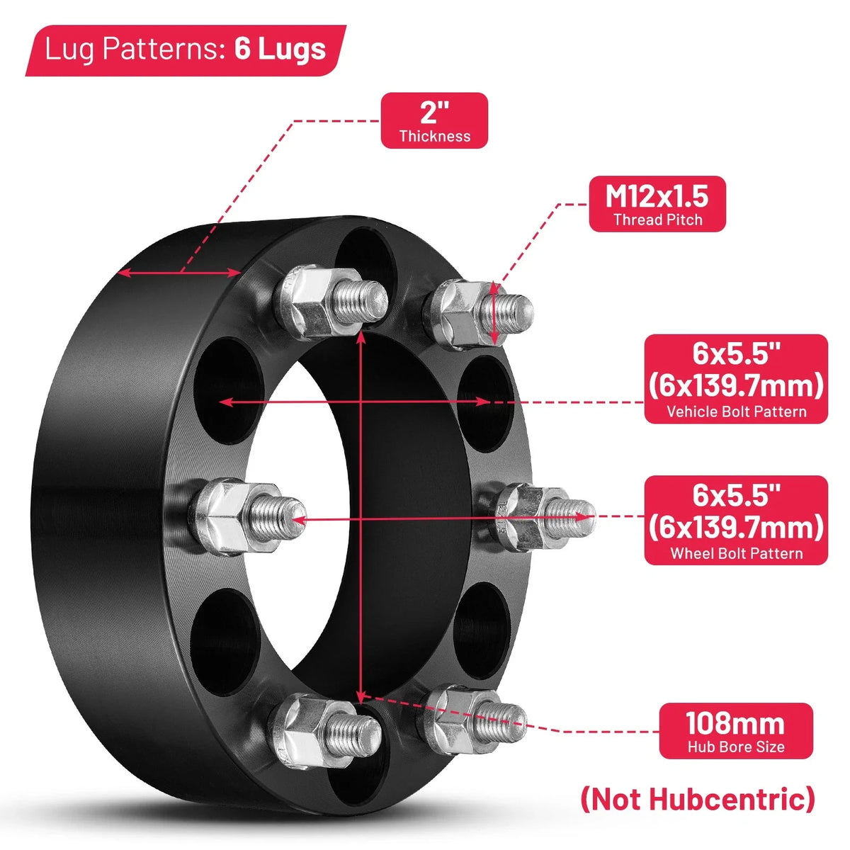 Set of 4 Wheel Spacers 2" 6x5.5 M12x1.5 for Toyota 4Runner Lexus GX470 (2003–2023)