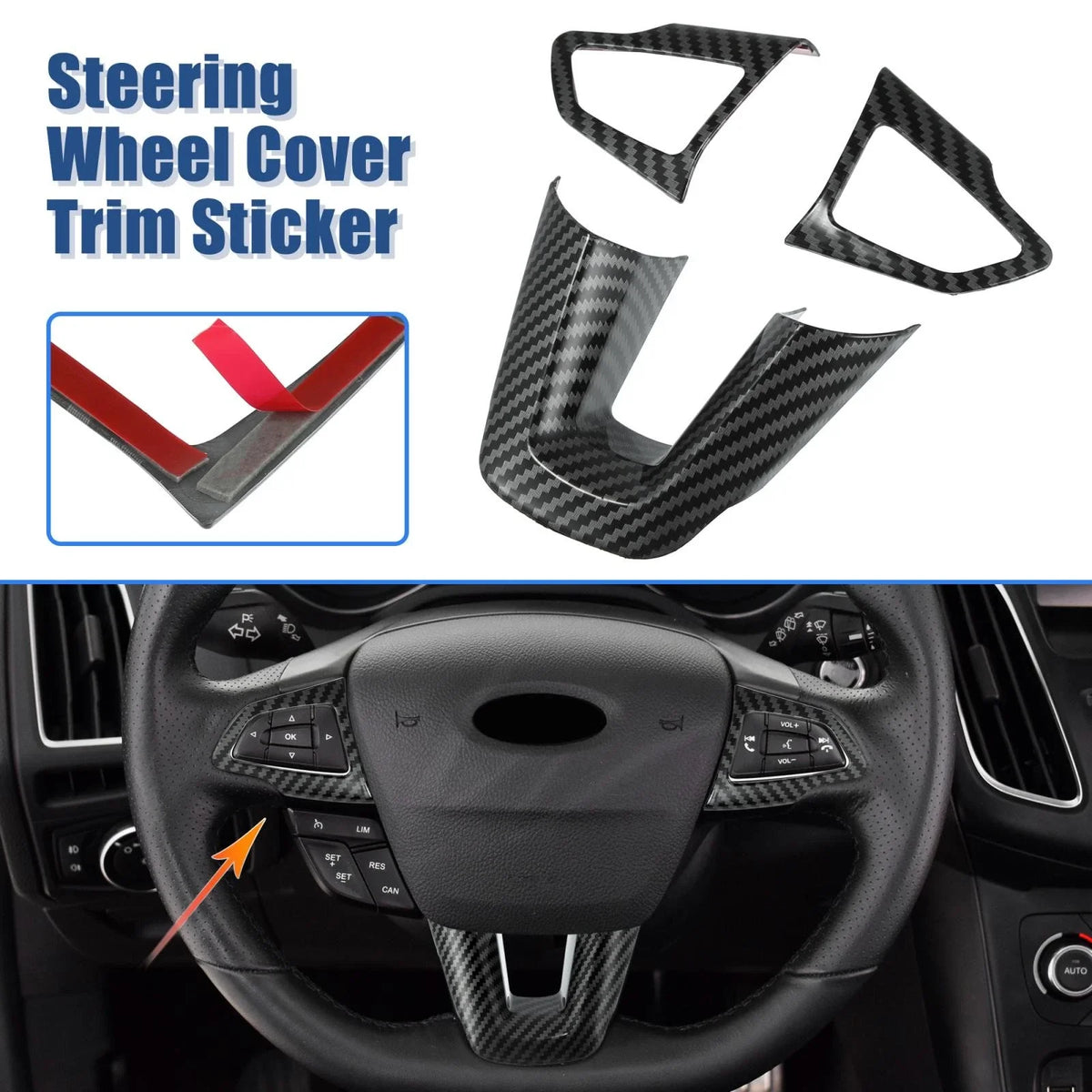 3pcs Carbon Fiber Steering Wheel Cover Trim for Ford 