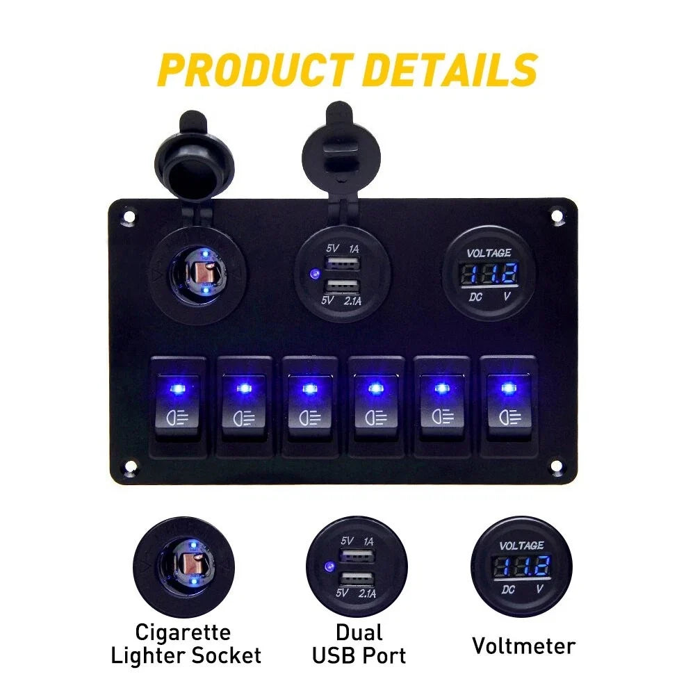 6 Gang LED Rocker Switch Panel for Car Truck Boat Marine (12V)