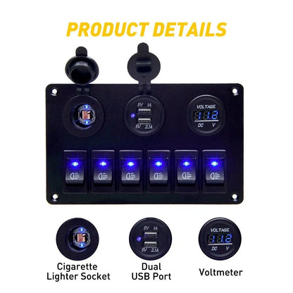 6 Gang LED Rocker Switch Panel for Car Truck Boat Marine (12V)