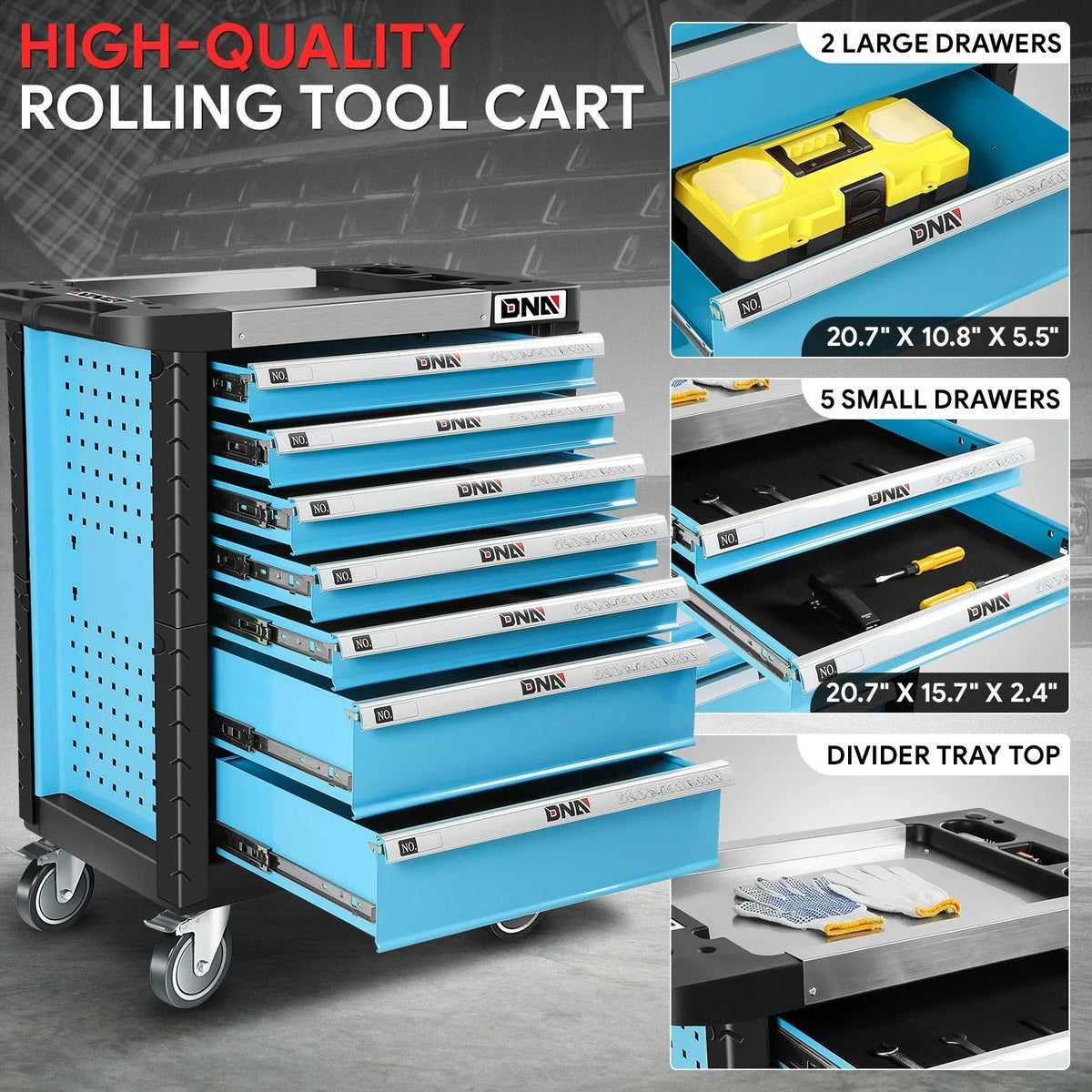 7 Drawer Rolling Tool Chest for Garage Organizer (Lockable, Blue)