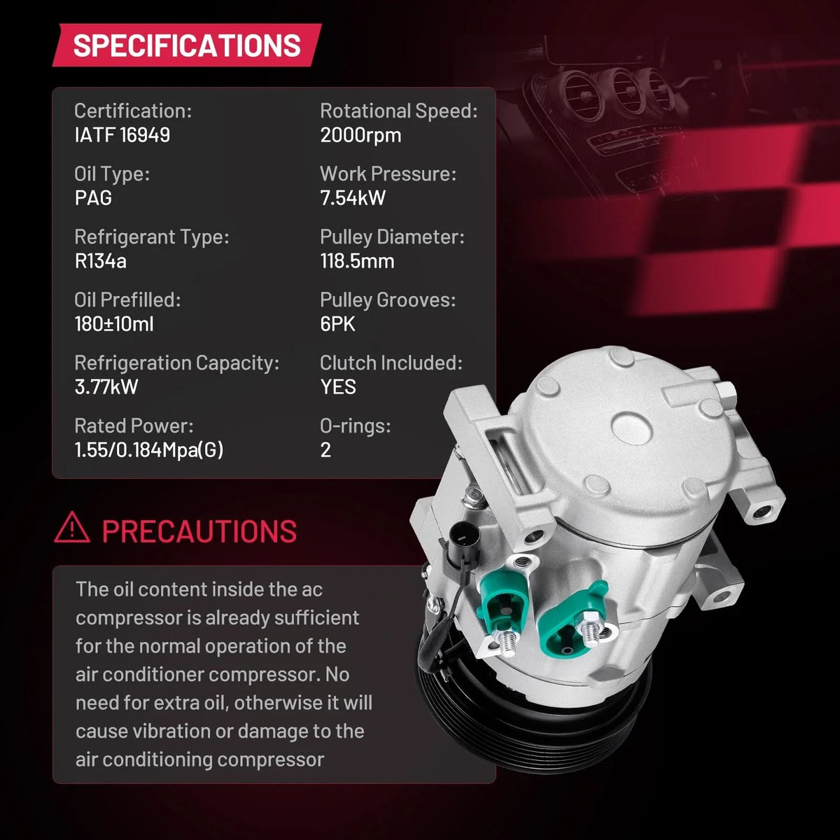 AC Compressor for Kia Sorento 2008-2009 & Hyundai Entourage 2007-2009 3.8L 3.3L