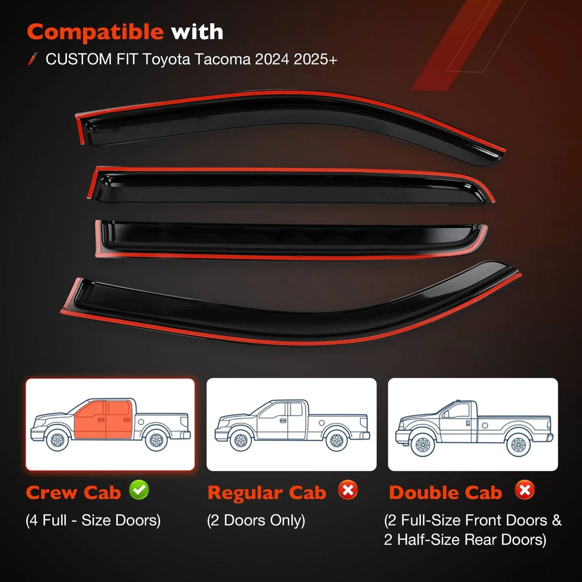 4X Side Window Rain Guards for Toyota Tacoma (2024–2025)