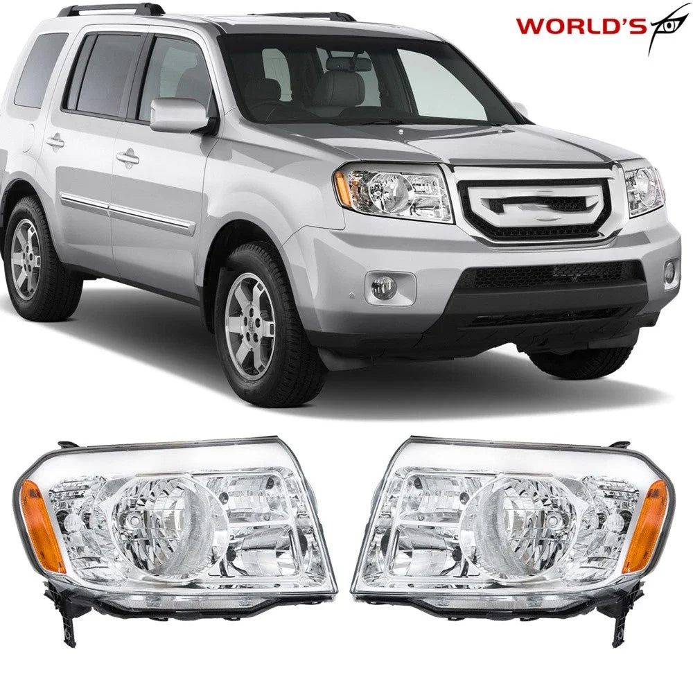 Set of 2 Halogen Chrome Amber Headlights for Honda Pilot (2009–2011)