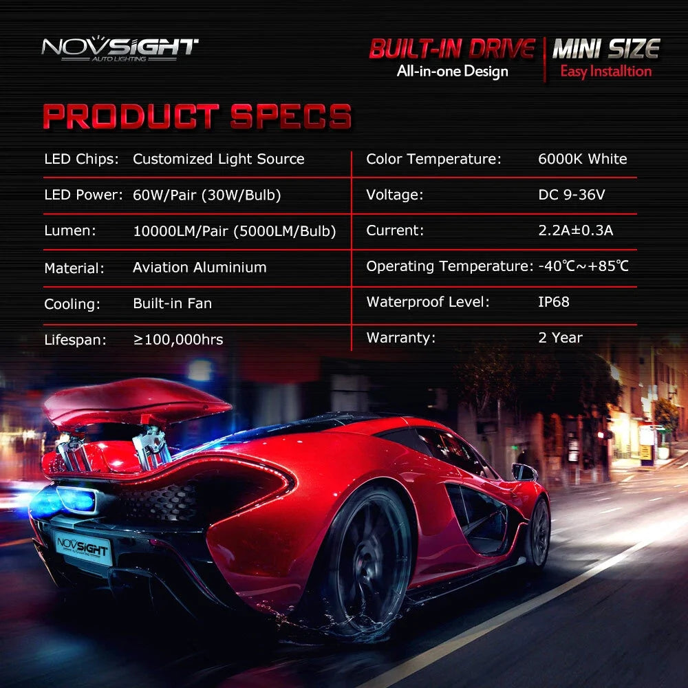H7 LED Headlight Bulbs for NOVSIGHT (6500K, 12000LM, 60W, 9V-32V)