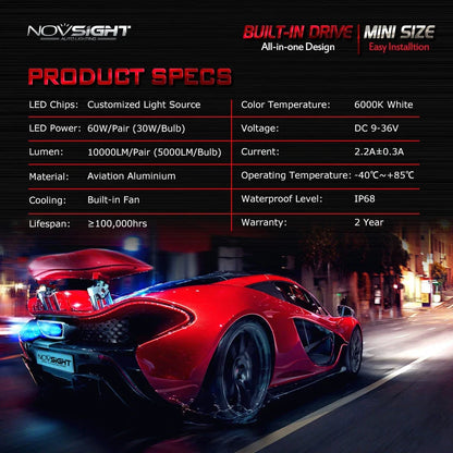 H7 LED Headlight Bulbs for NOVSIGHT (6500K, 12000LM, 60W, 9V-32V)