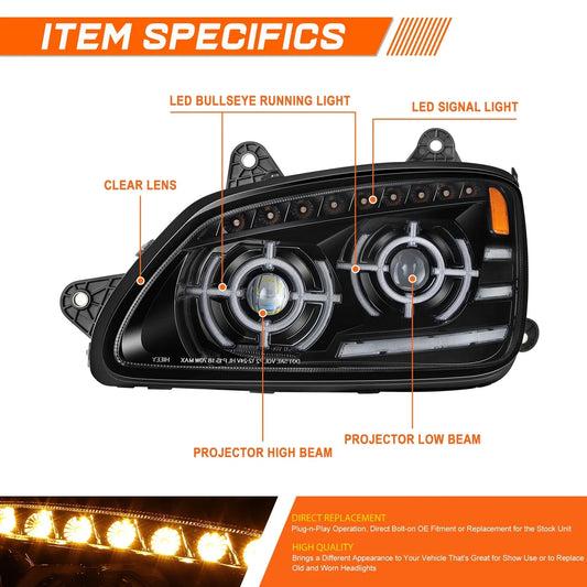 LED Sequential Chasing Signal Projector Headlights for Kenworth T660 (2008–2017)