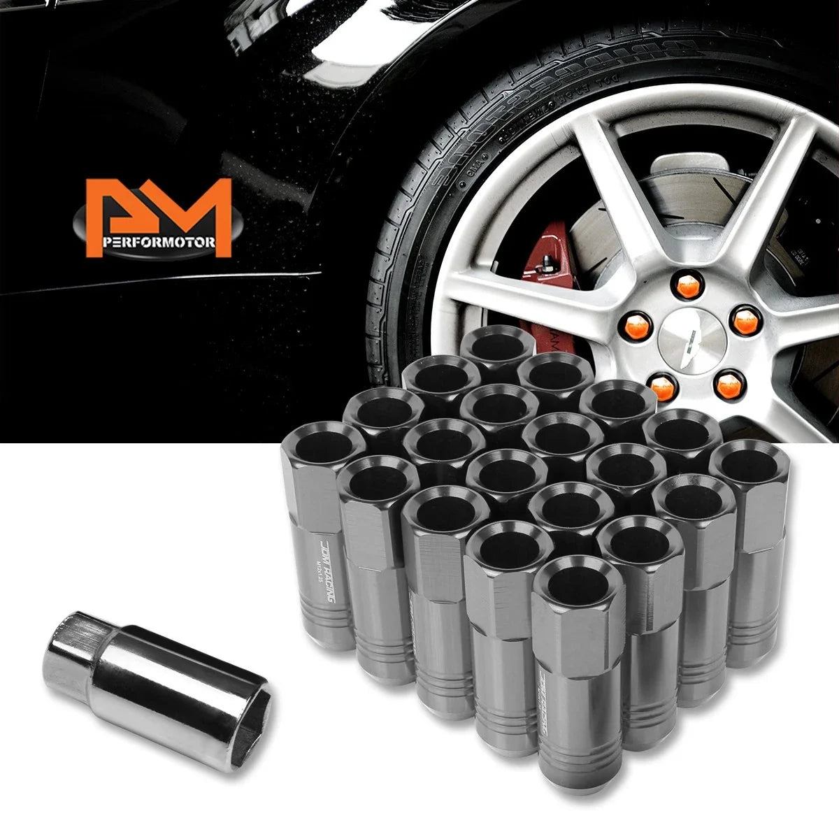Gunmetal Open End Conical Wheel Lug Nuts Set of 20 M12X1.25 + 20mm Extensions