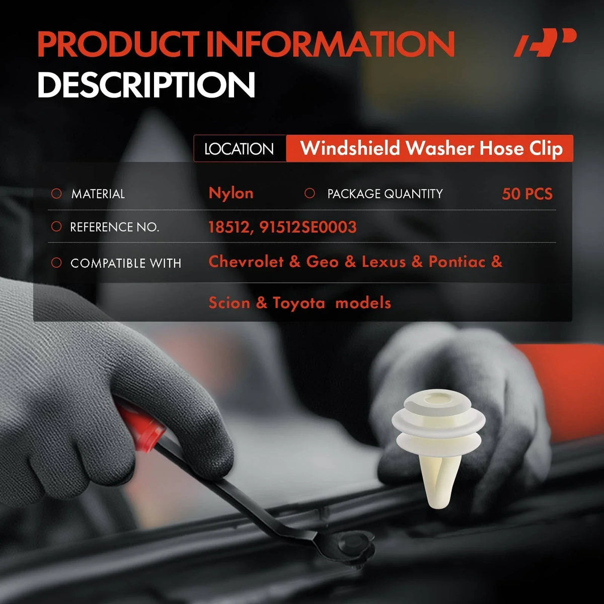 Pack of 50 Nylon Washer Hose Clips for Honda Civic and Accord