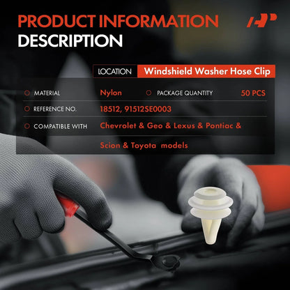 Pack of 50 Nylon Washer Hose Clips for Honda Civic and Accord