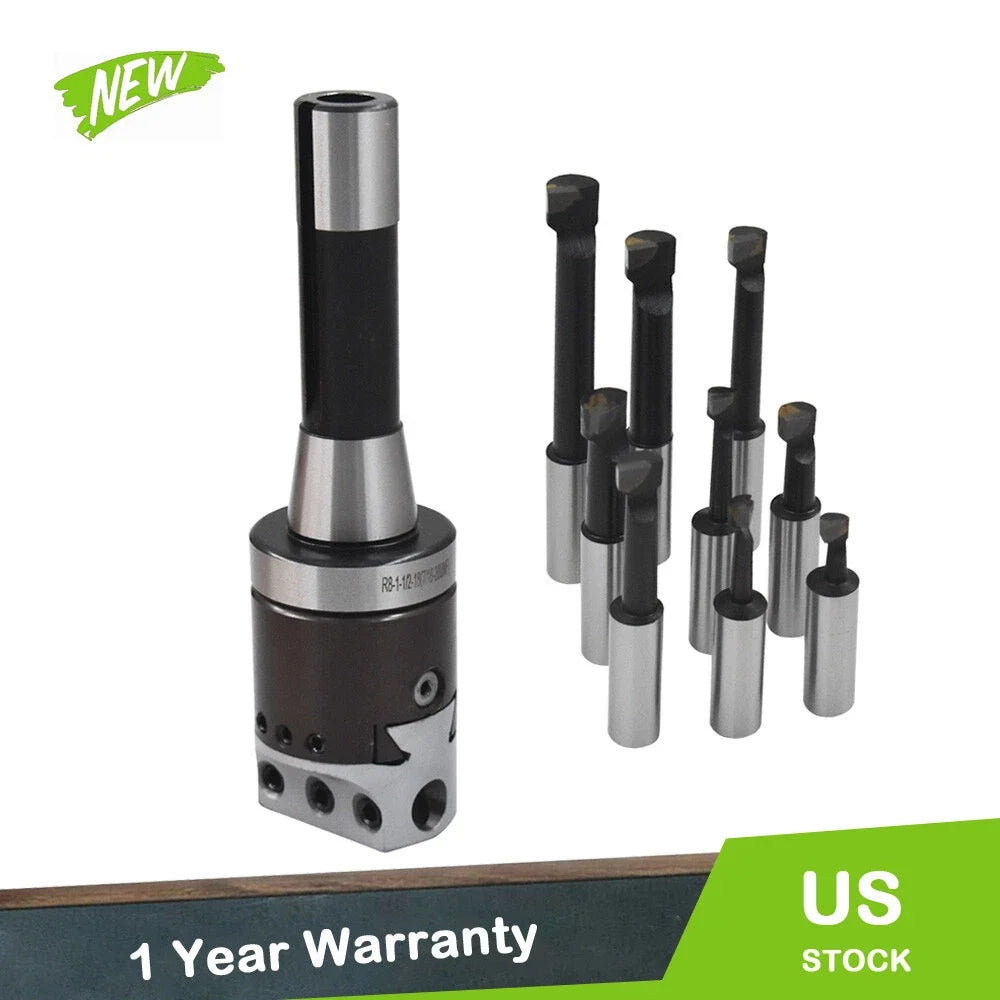 Set of 9 Carbide Boring Bars with 2" Boring Head for R8 Shank