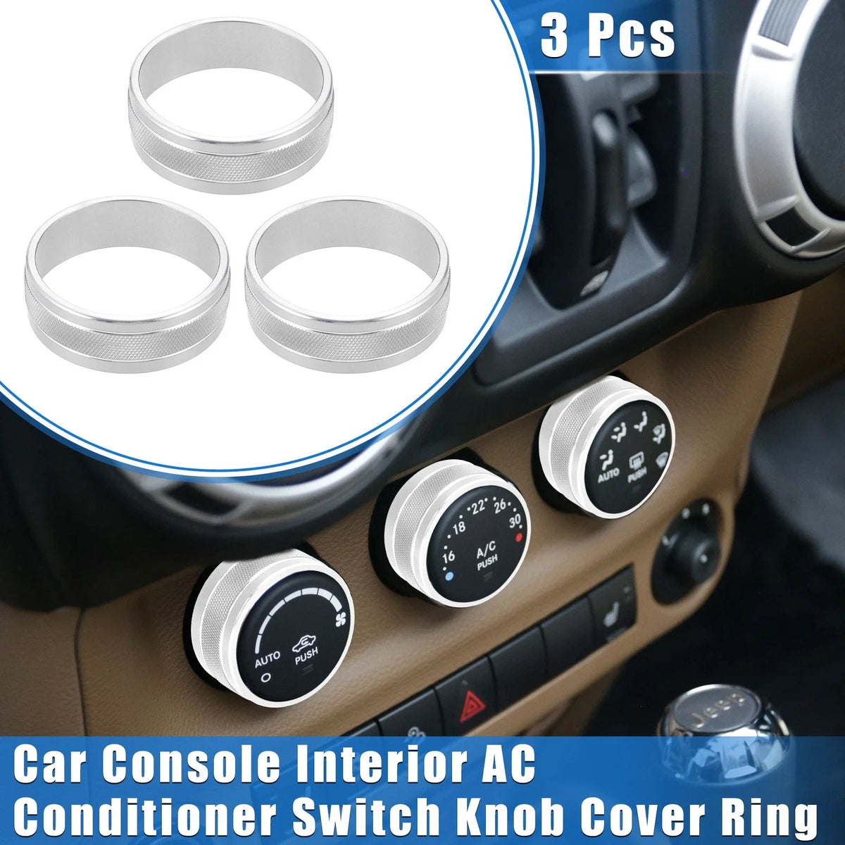 3pcs AC Switch Knob Cover Ring for Jeep Wrangler JK JKU (2011–2018) Silver
