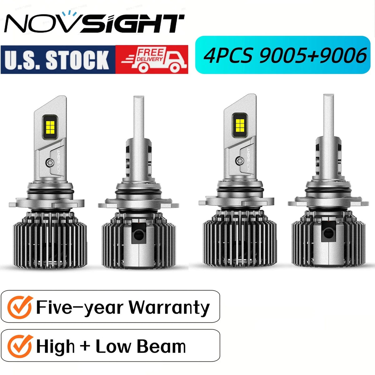 High Low Beam LED Headlight Bulbs Set of 4 - 9005 9006 (6500K)