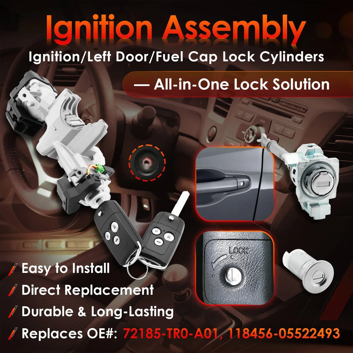 Ignition Switch Lock Cylinder w/ Remote Keys for Honda Civic (2012–2014)