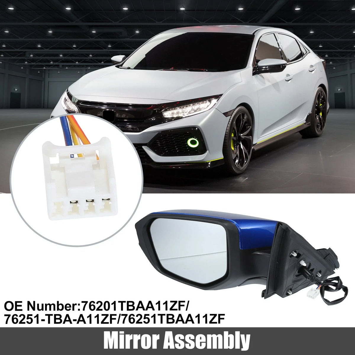 3 Pin Left Side Exterior Door Mirror Assembly Blue for Honda Civic (2016–2021)