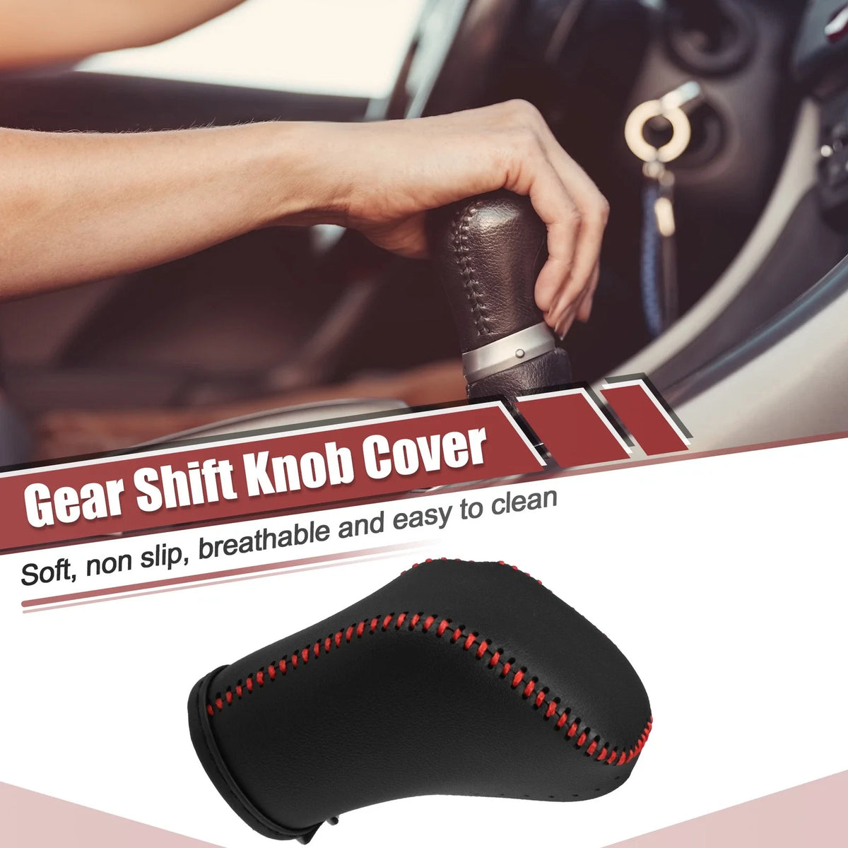 Gear Shift Knob Cover Protector for Toyota Crown (Black, Red Stitches)
