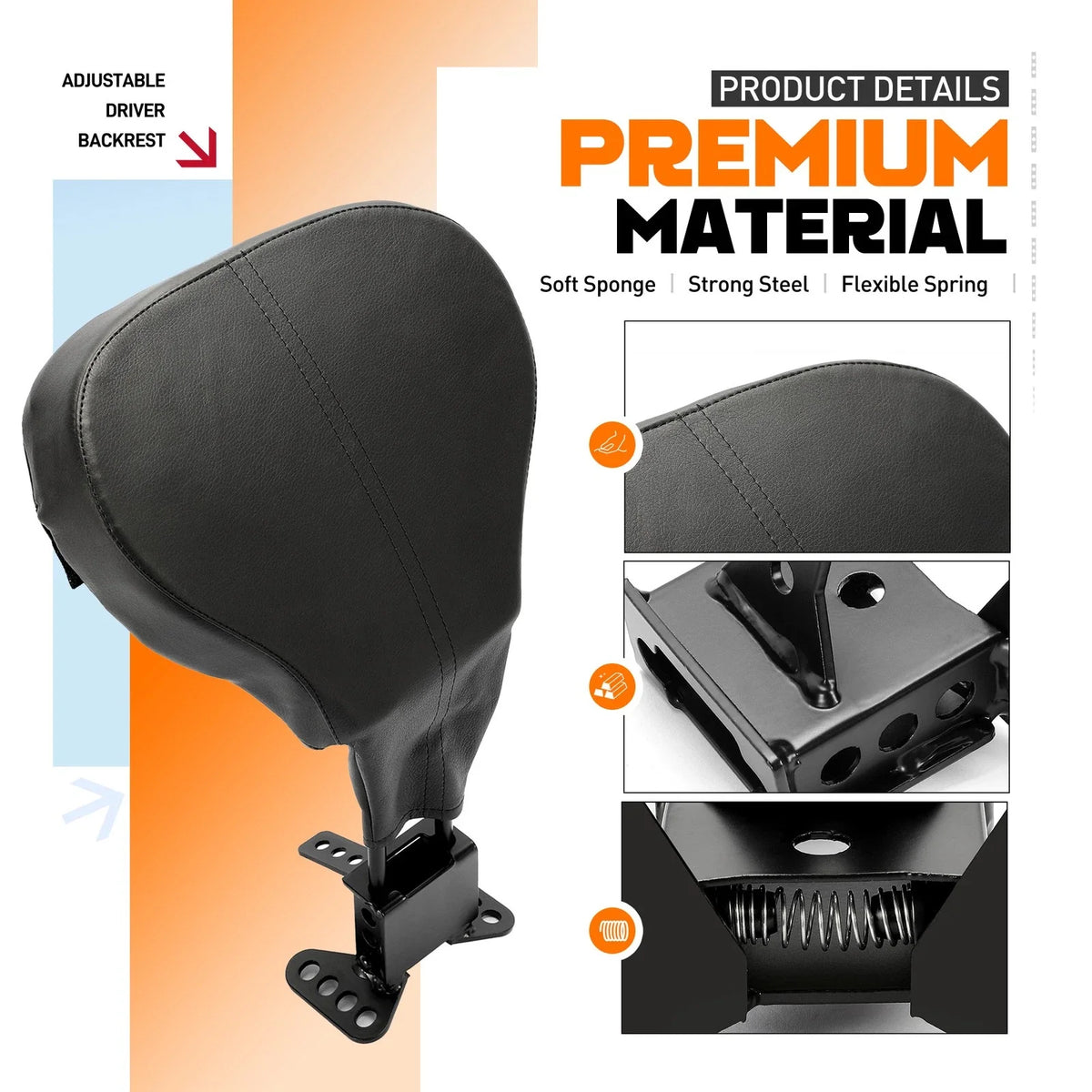 Driver Rider Backrest with Adjustable Bracket for Harley 2009–Present