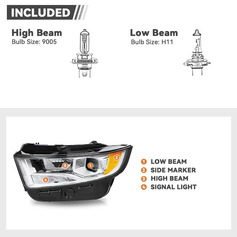 Halogen Headlight Set for Ford Edge SE/SEL (2015–2018) w/Bulb Chrome