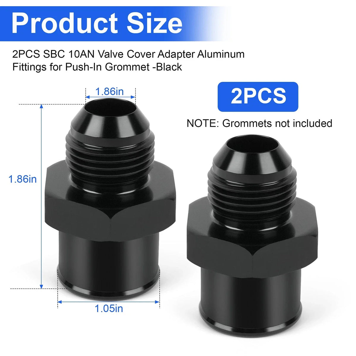 10AN Valve Cover Adapter Fittings - 2X Aluminum for Push-In Grommet Black