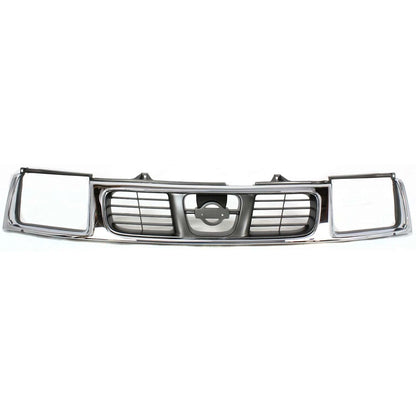 Grille Assembly for Nissan Frontier (1998–2000) Chrome Shell, Headlight Holes