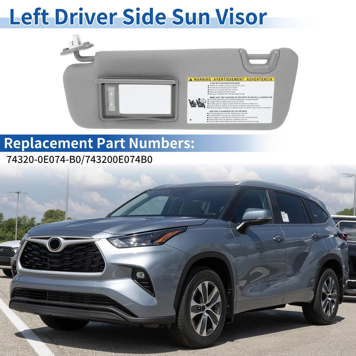 Left Side Sun Visor for Toyota Highlander (2014–2016, 2019) No. 743200E074B0 Gray