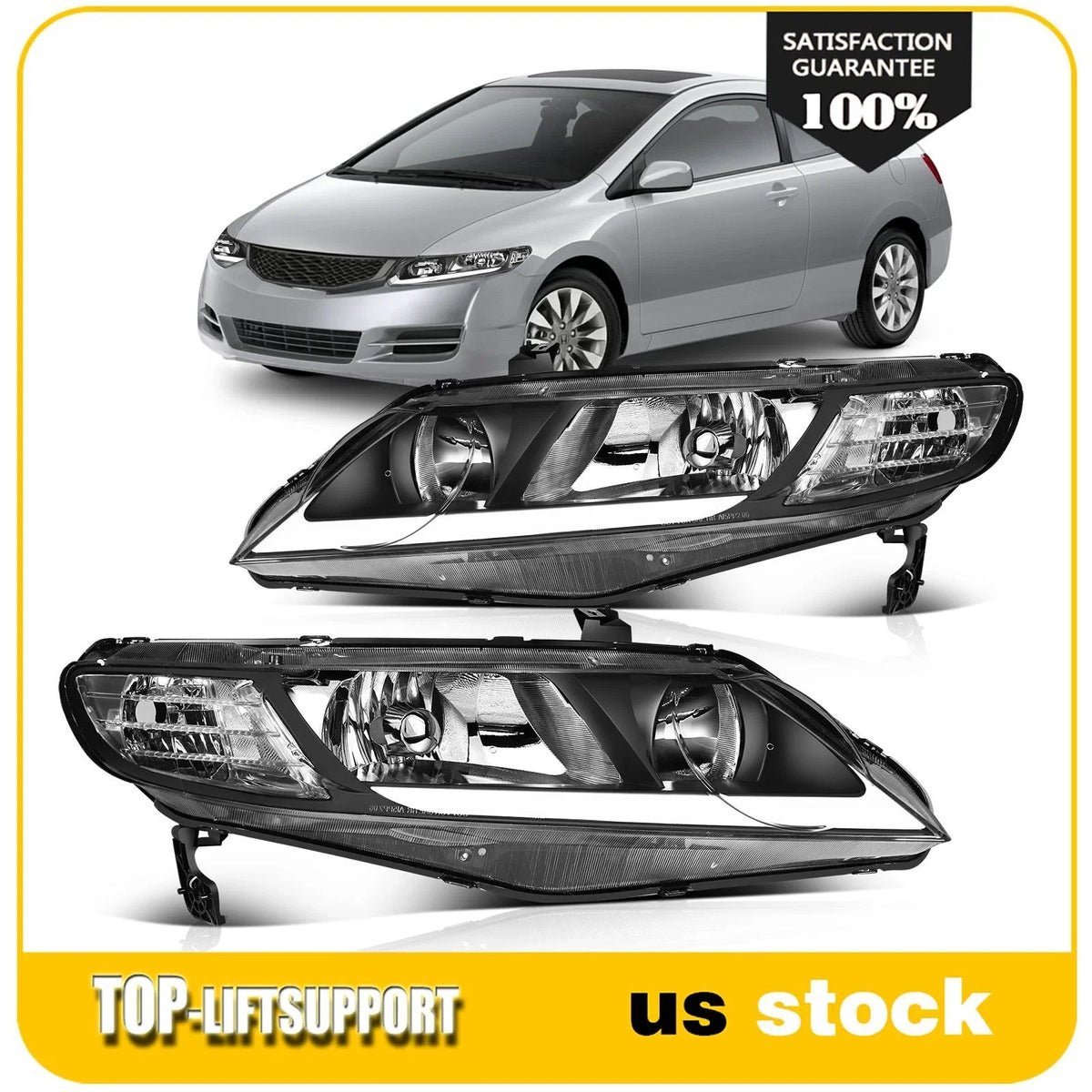 2X Headlight Assembly for Honda Civic (2006–2011) Black with LED DRL