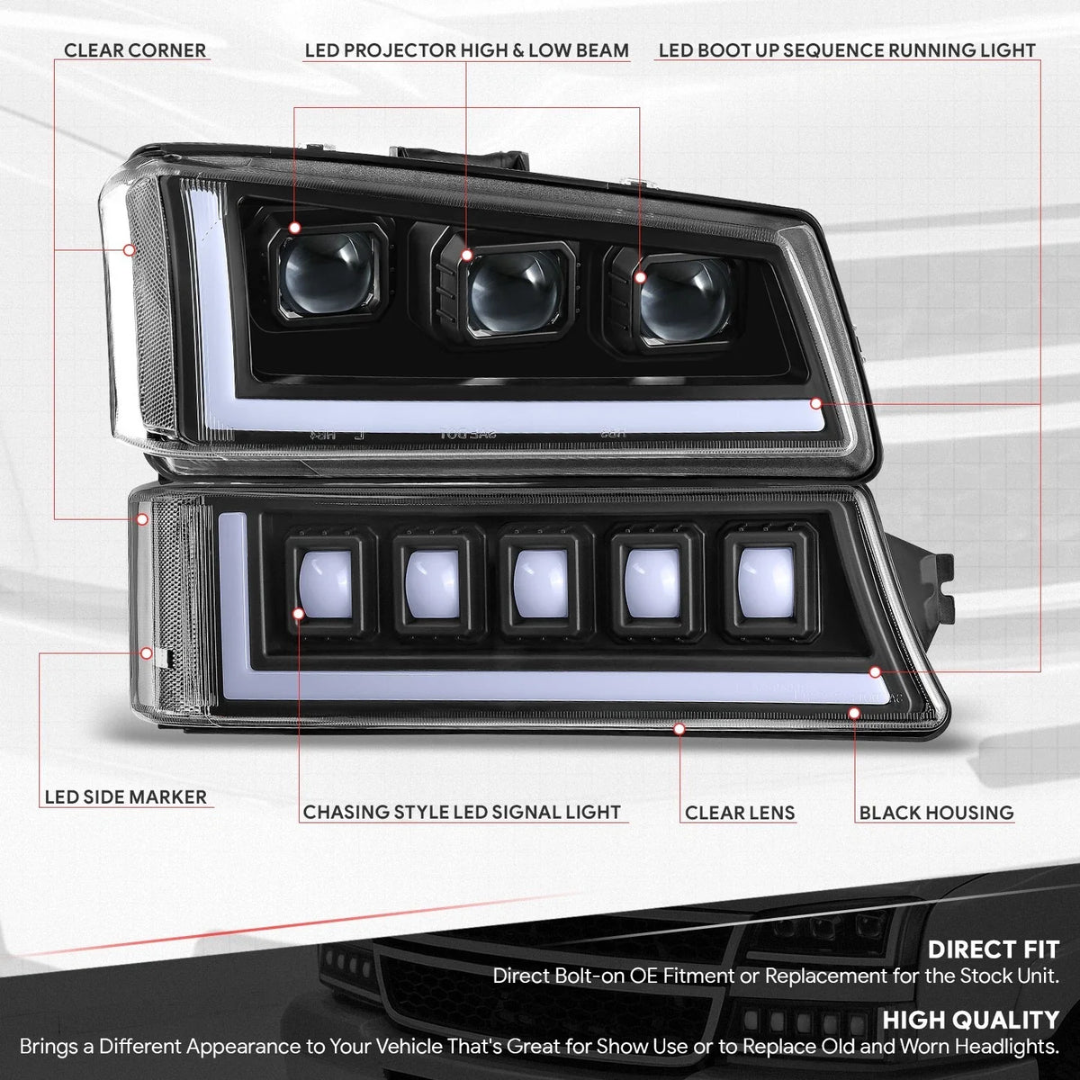 LED Black Clear Projector Sequential Headlights for Avalanche Silverado (2003–2007)