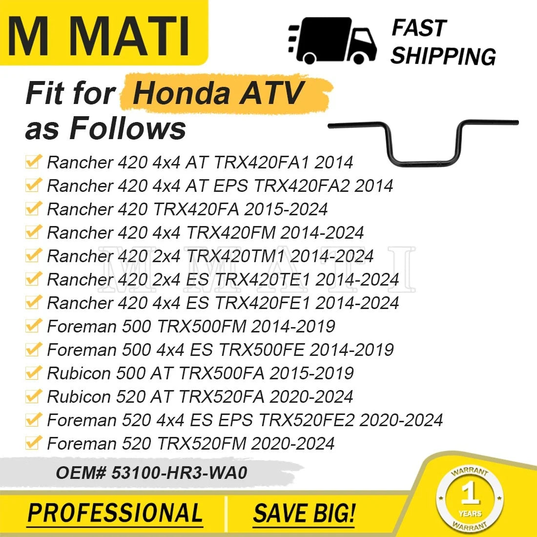 Handlebar 53100-HR3-WA0 for Honda Rubicon 500 TRX500FA (2015–2024)