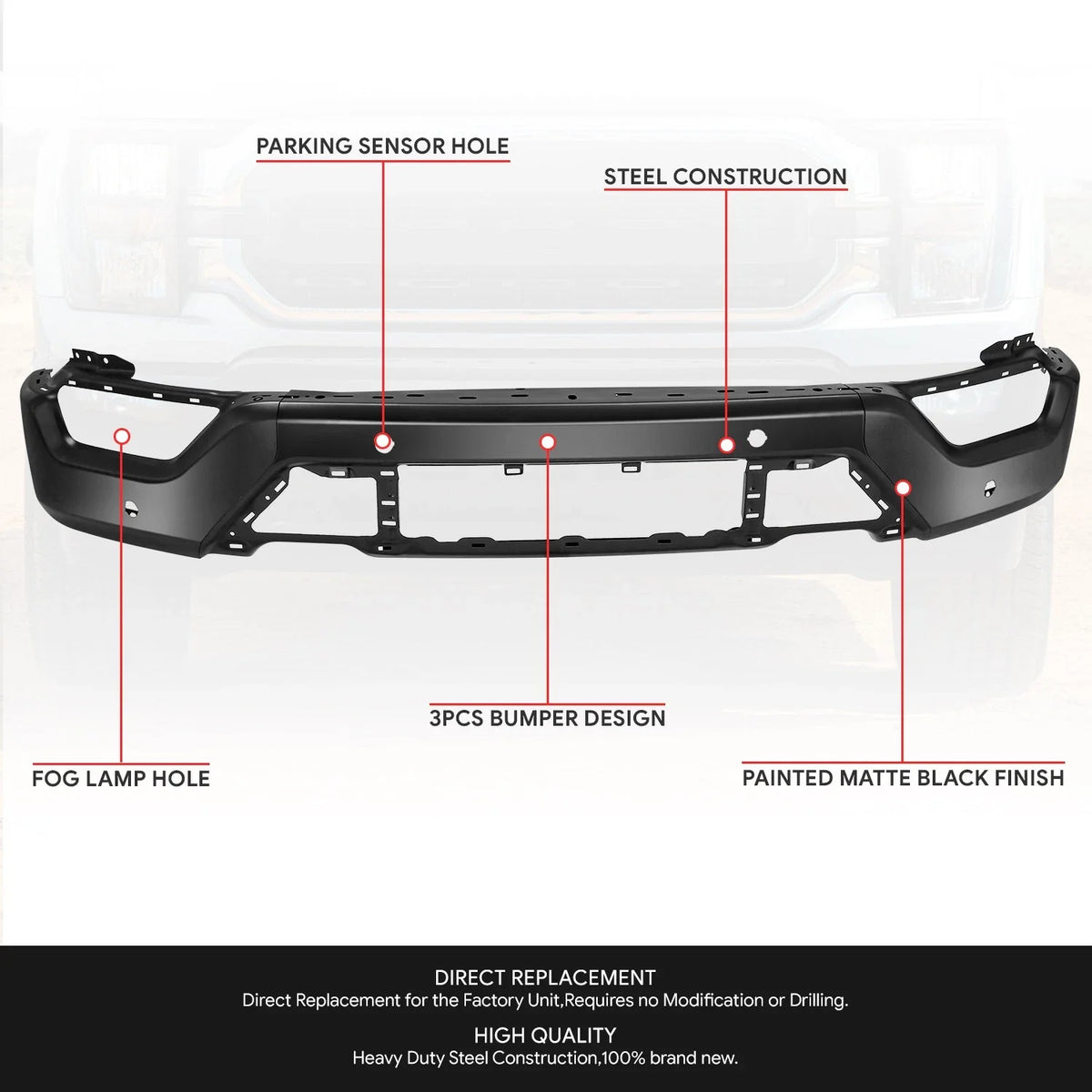 Front Bumper Face Bar for Ford F150 (2021–2023) OE Style, Black, w/Sensor Holes