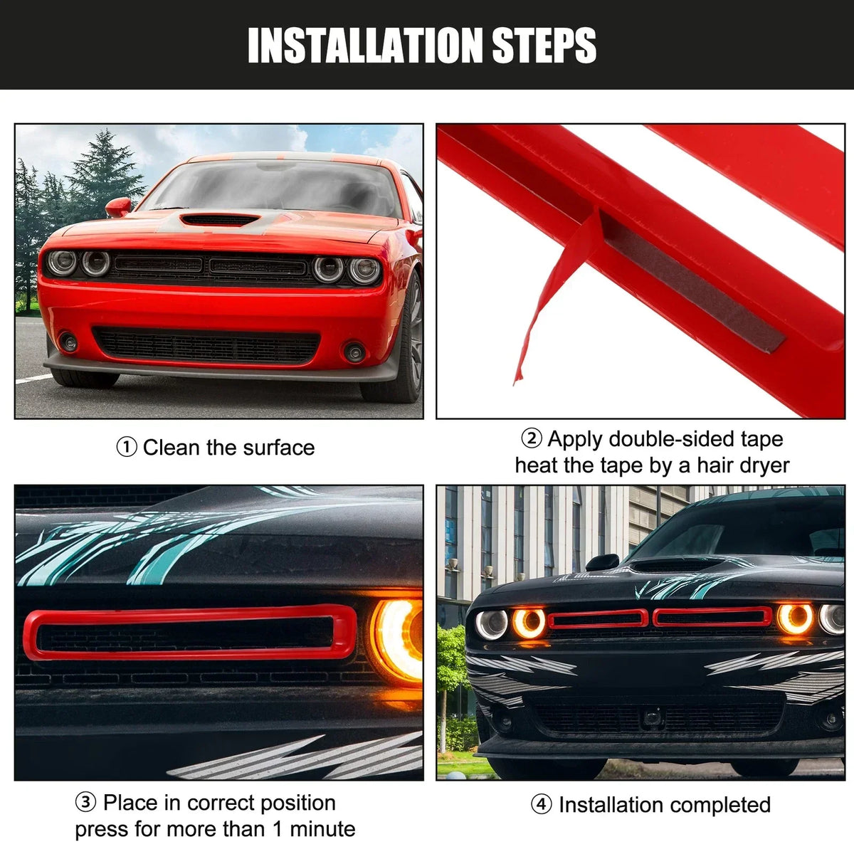 Mesh Grille Inserts Front for Dodge Challenger 2015-2022 with Red Trim