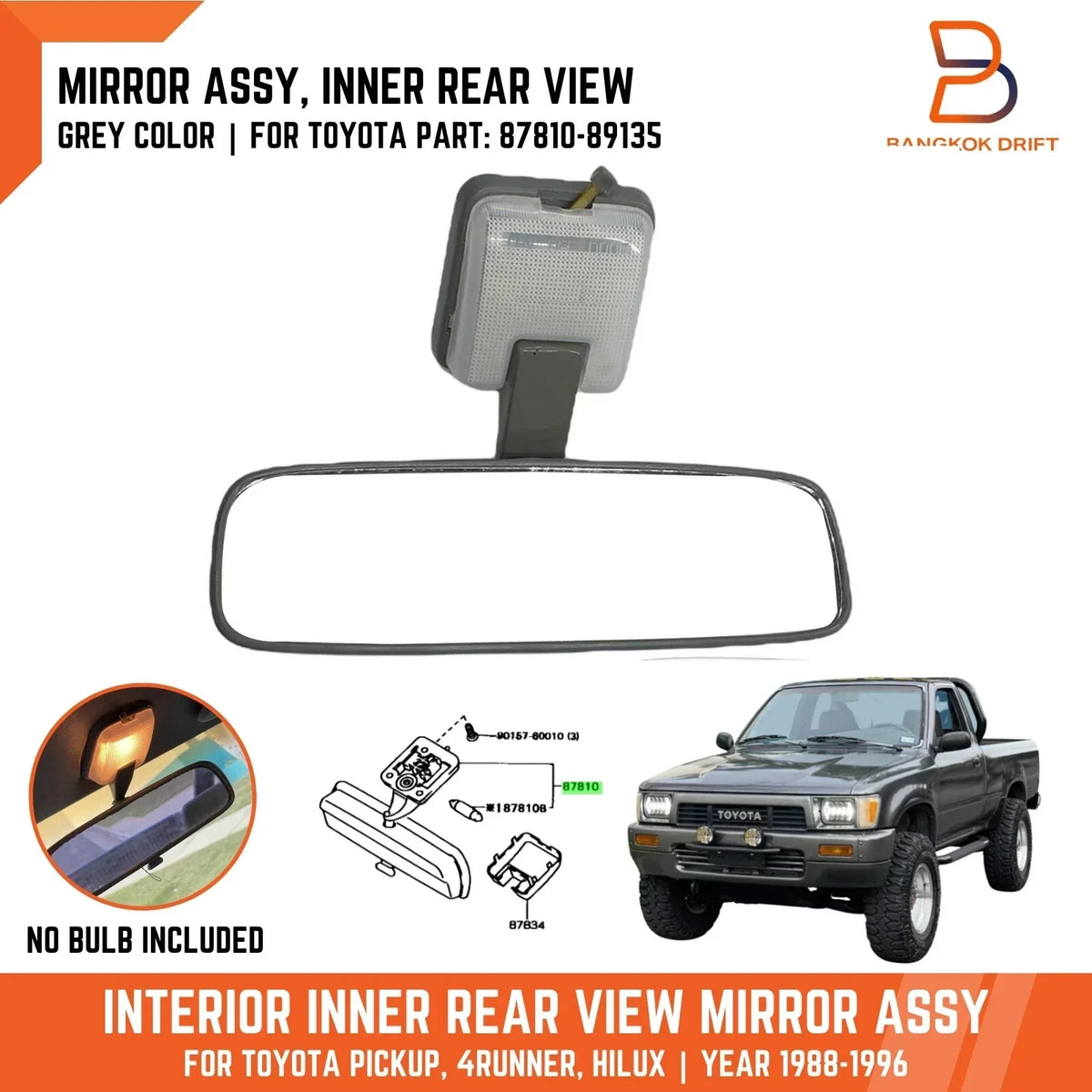 Grey Interior Rear View Mirror for Hilux Ute 1988-1996