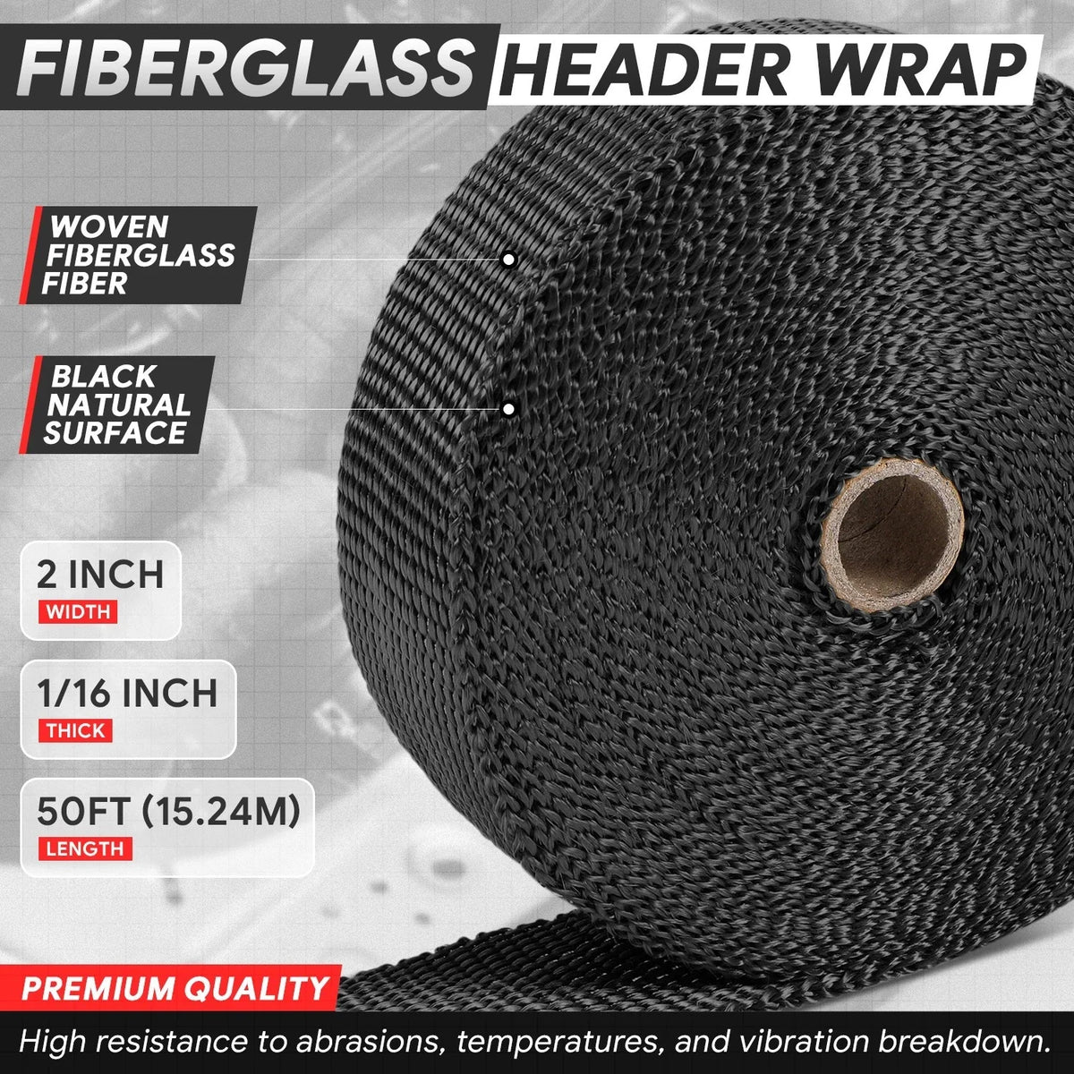 2" Wide Black Fiberglass Exhaust Header Wrap for Universal Use (50Ft)