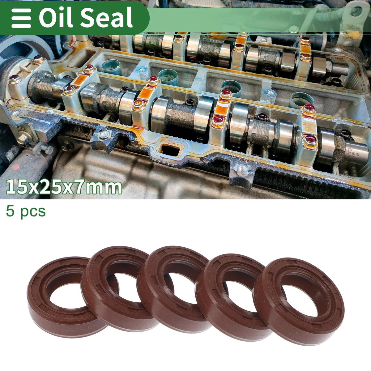 Set of 5 Oil Seal Rotary Shaft Seal FKM Rubber 15x25x7mm
