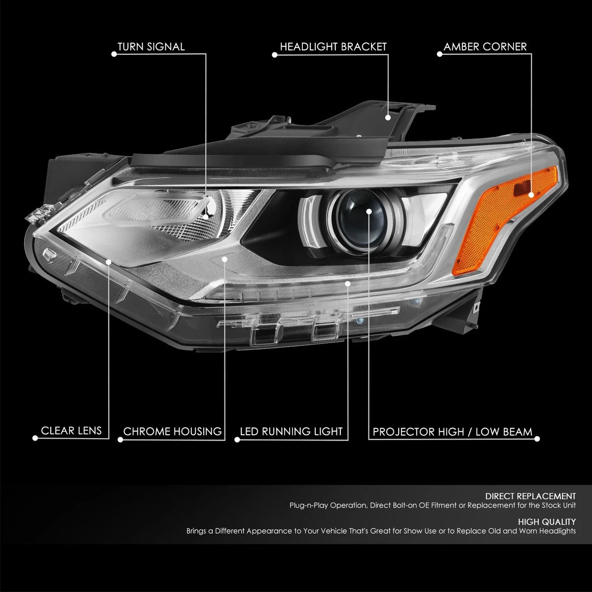 Driver Left Chrome/Amber Projector Headlight Lamp for Chevrolet Traverse (2018–2021)
